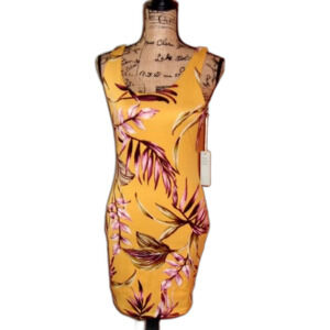 Iris Basic Large Yellow/Mauve Tropical Print Bodycon Dress NWT